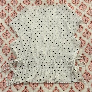 H&M White Short-Sleeve Polka Dot Smocked Tie-Waist Top